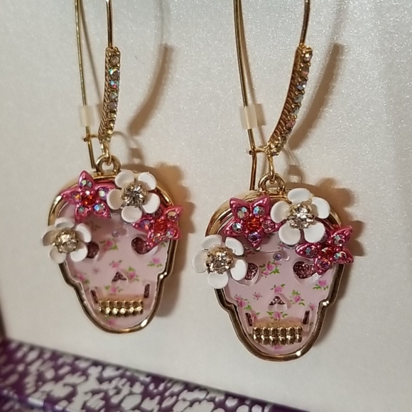Crystal Accent Pink Floral Skull Drop Earrings - Picture 6 of 6